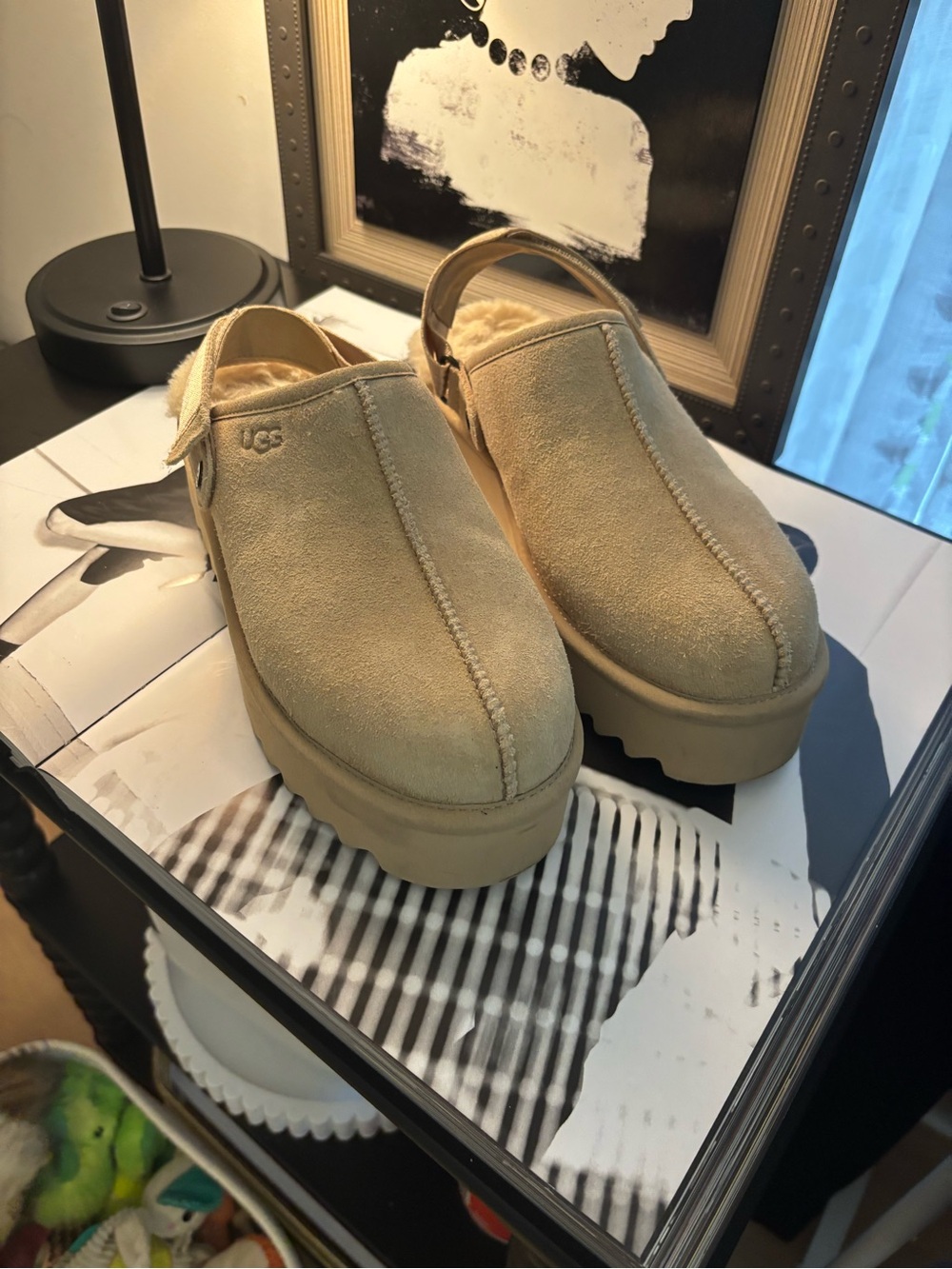 UGG Beige Suede Platform Clog Mule
